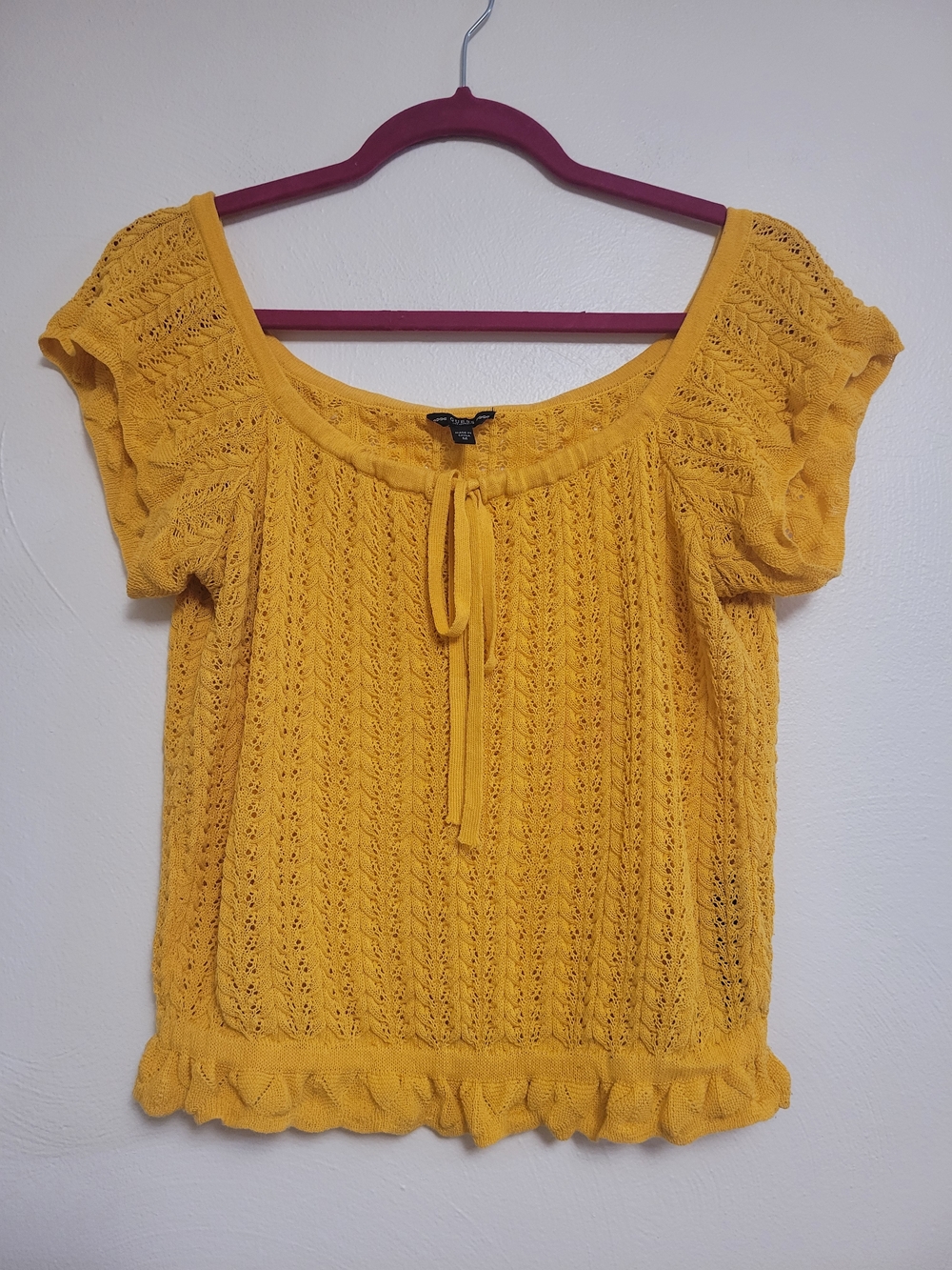 Guess Yellow Knit Peasant Top with Front Tie Size Medium